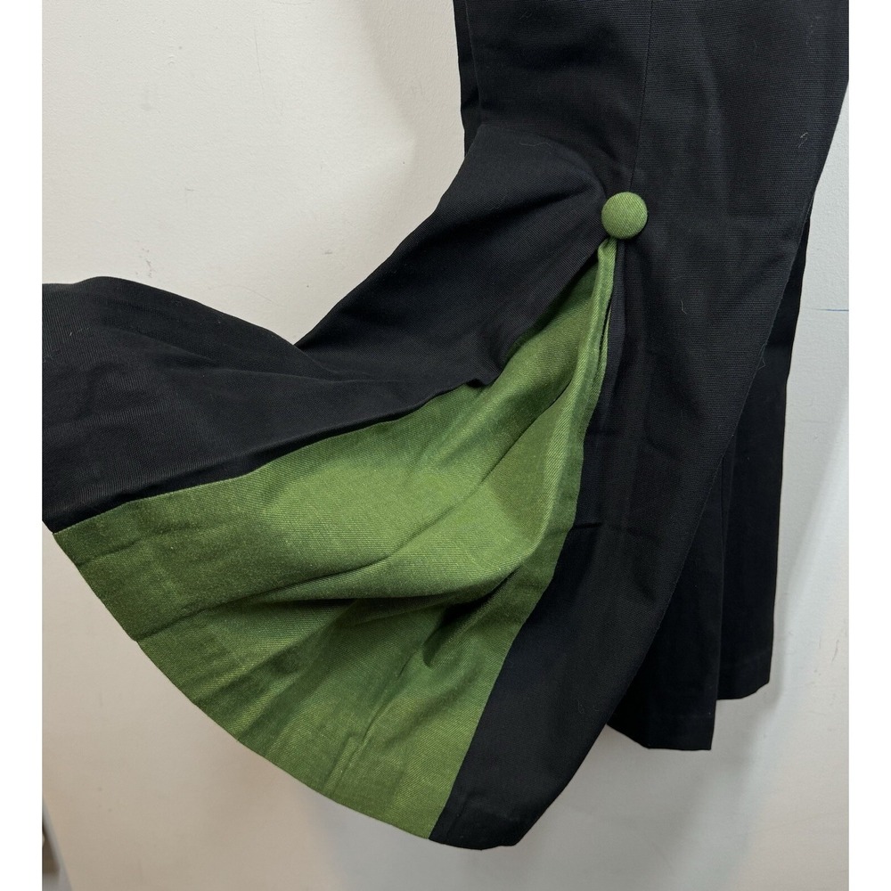 Vintage Homemade Green Pleated Black Bell Bottom Pants Cotton 24" Waist Sz XS/S
